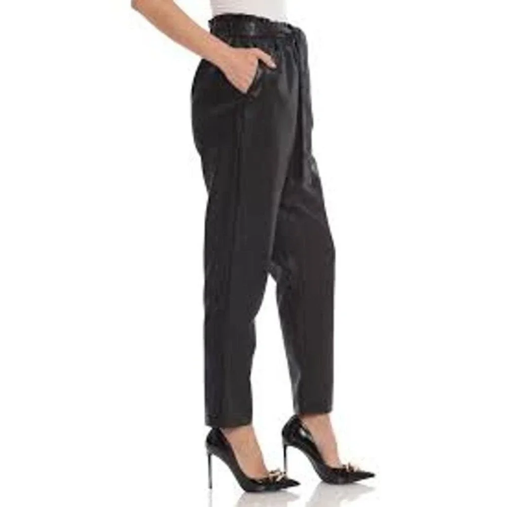 Avec Les Filles Womens Small Black Faux Leather Paperbag Waist Pants Career Work